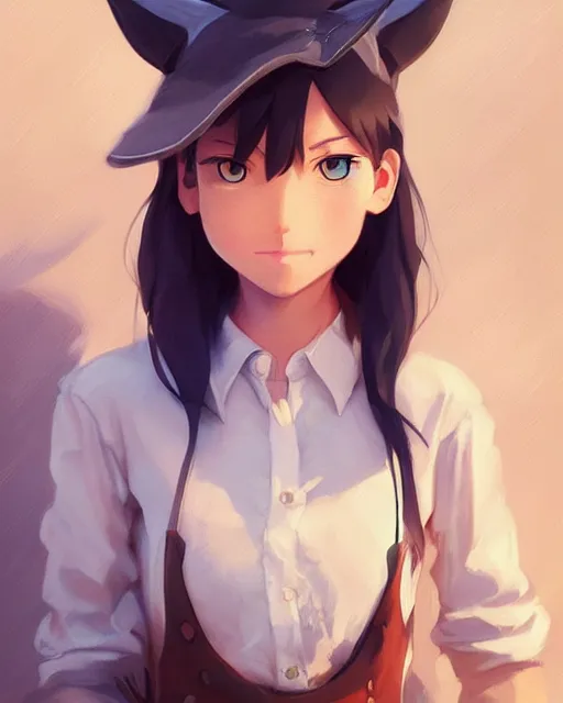 Image similar to a very cute cowgirl wearing a cat hat, medium shot, ambient lighting, visible and detailed face, by makoto shinkai, stanley artgerm lau, wlop, rossdraws