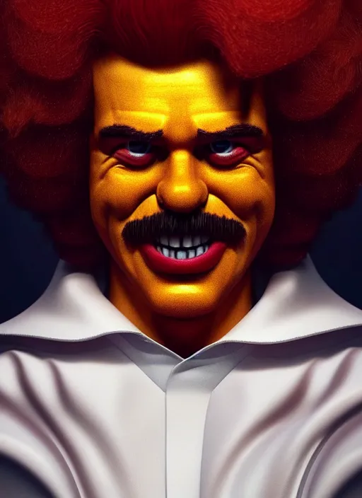 Image similar to portrait of Pedro Sanchez as Ronald McDonald, perfect facial symmetry + dim volumetric lighting, 8k octane beautifully detailed render, post-processing, extremely hyperdetailed, intricate, epic composition, grim yet sparkling atmosphere, cinematic lighting + masterpiece, trending on artstation