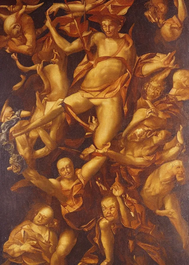 Image similar to renaissance oil painting of the devil, detailed golden frame