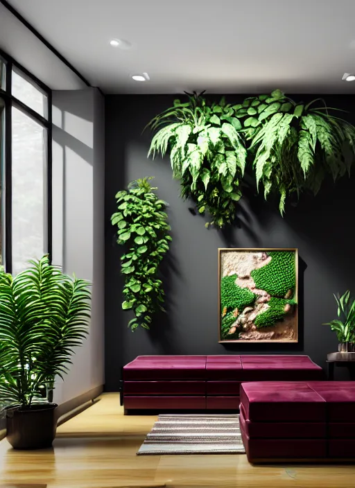 Prompt: hyperrealism, detailed textures, photorealistic 3 d render, a beautiful rich interior living space with plants fishtanks and obsidian flooring, deep cherry wood walls, ultra realistic, ultra high pixel detail, cinematic, intricate, cinematic light, octane render, concept art, illustration, captured on canon eos r 6, art station, unreal engine 8 k