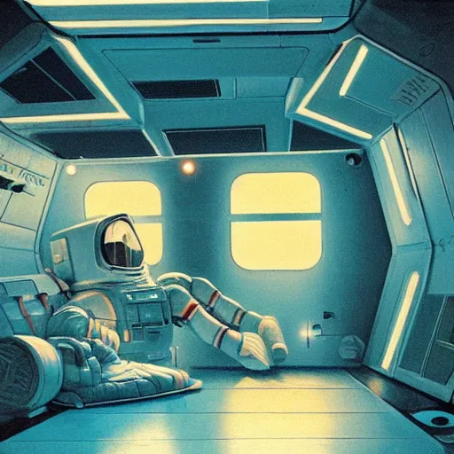 Prompt: Cozy interior of a space station in space, teal lighting, cozy lighting, space seen outside from a window, by Syd Mead, John Harris, Federico Pelat