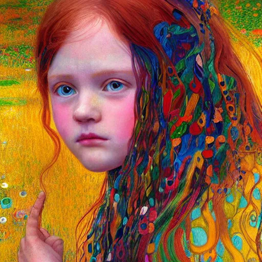 Prompt: painting of vivid colors ireland child in girl with long hair of a gustav klimt wallpaper by android jones detailed matte painting 8 k