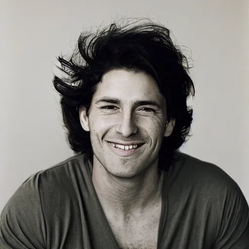 Image similar to a headshot portrait of a happy handsome masculine gay man by Annie Leibovitz