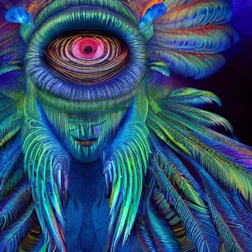 Prompt: A reality bending psychedelic ayahuasca experience, colorful, distorted, surreal, tropical bird feathers, dramatic lighting on the face, intricate, elegant, highly detailed, digital painting, concept art, smooth, sharp focus, fireflies illuminate small parts, illustration, art by Krenz Cushart and Wayne Barlowe and Jon Foster