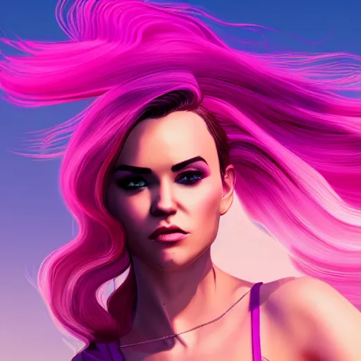 Prompt: a stunning GTA V loading screen with a beautiful woman with ombre hairstyle in purple and pink blowing in the wind, classic car, city streets, digital art, trending on artstation