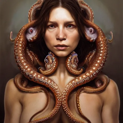 Prompt: portrait painting of octowoman, half man, half octopus, ultra realistic, concept art, intricate details, extremely detailed, photorealistic, octane render, 8 k, unreal engine. art by artgerm and greg rutkowski and alphonse mucha