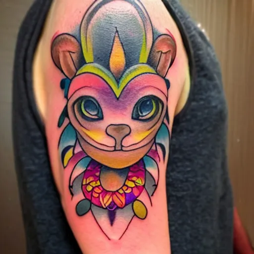 Image similar to shoulder tattoo of a multicolored meditating cute bush baby, eyes are sparkeling rainbow spirals, glowing chakra symbols, surrounded with colorful lotus leaves, insanely integrate