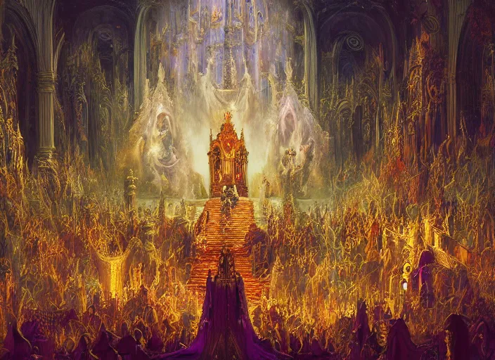 Prompt: worship of the pope, royal robe, gold trim, demons, mysticism, light effect, hyper detailed, intricate, atmospheric, elegant, photorealistic by paul lehr, hyper - real