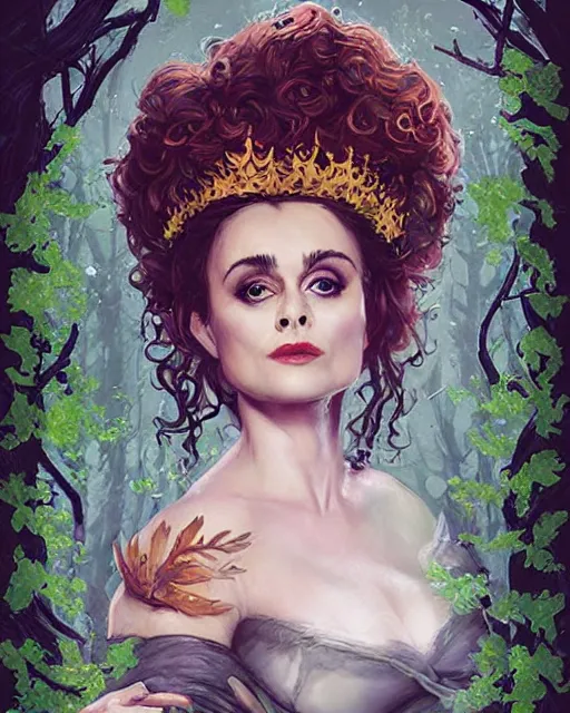 Image similar to helena bonham carter as the queen of the forest, by Fernanda Suarez and ross tran