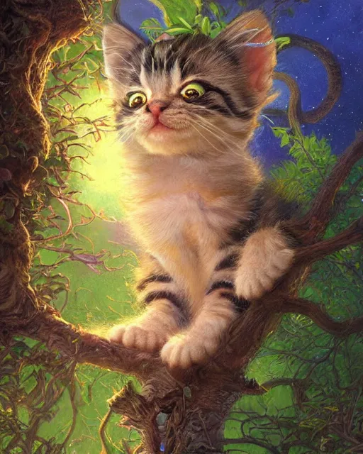 Image similar to an adorable cheshire kitten asleep in a tree | highly detailed | very intricate | symmetrical | whimsical and magical | soft cinematic lighting | award - winning wonderland | painted by donato giancola and paul lehr and ross tran | pastel color palette | featured on artstation