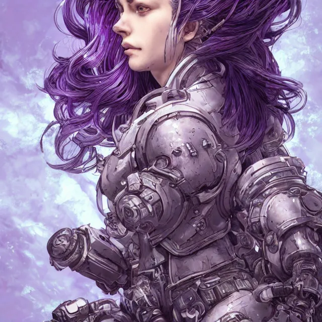 Image similar to close facial portrait of a pale woman in power armor with flowing purple hair, elegant, stoic, intense, ultrafine hyperdetailed illustration by kim jung gi, irakli nadar, intricate linework, sharp focus, bright colors, octopath traveler, final fantasy, hearthstone, highly rendered, global illumination, radiant light, detailed, intricate environment