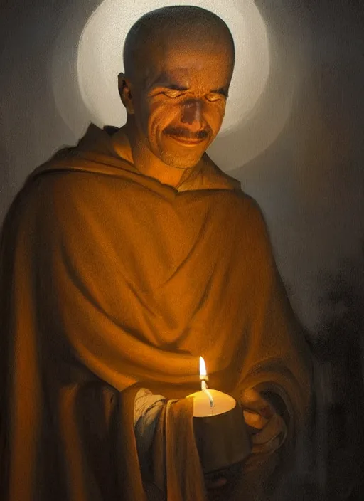 Prompt: oil painting portrait of a weeping sobbing tonsured dominican monk in a brown habit, kneeling in a blue cold moonlit empty small chapel at night, hazy, digital art, artstation, cinematic, moonlight, digital art painting by greg rutkowski, hazy atmosphere, candles, cinematic blue lighting