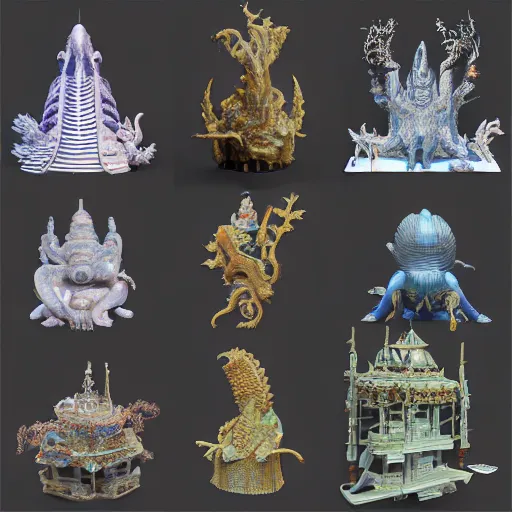 Prompt: Beeple, 3D intricate shapes, Ernst Haeckel, octane render, maya render, Chinese silk 3D Dragon palace, tiny statue on display, yukii morita, ellen jewett, mayeb, rough