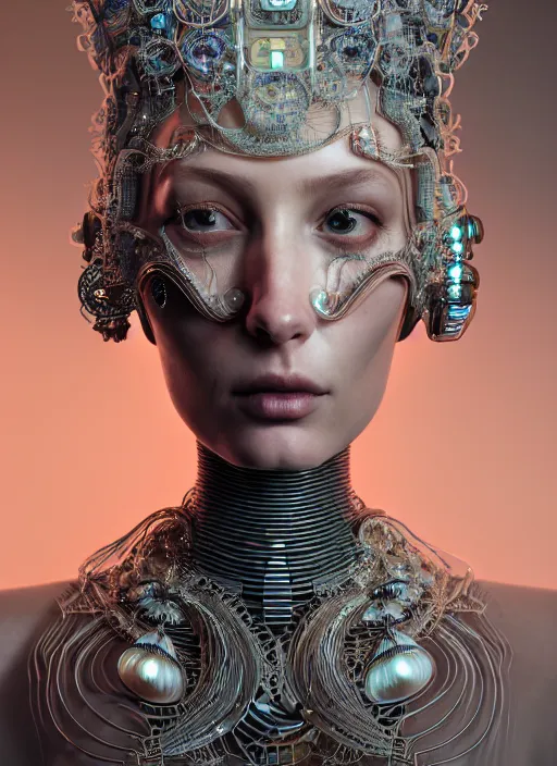 Prompt: portrait of an absurdly beautiful, graceful, sophisticated, fashionable cyberpunk mechanoid, hyperdetailed illustration by irakli nadar and vania zouravliov, matt wisniewski style, intricate linework, mother of pearl porcelain skin, faberge headdress, unreal engine 5 highly rendered, global illumination, radiant light, detailed and intricate environment