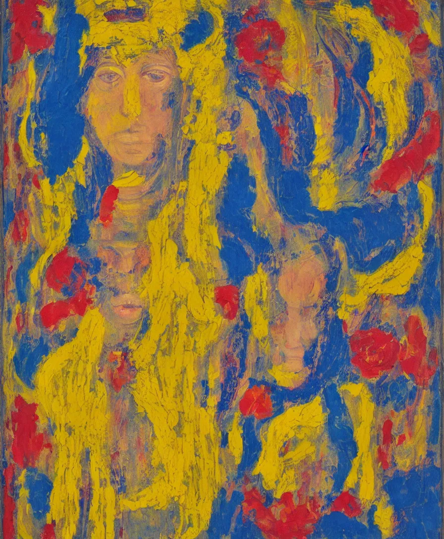 Prompt: portrait of a single priestess with flowers in her hair and a candle in her hand, yellow and blue ribbons, expressive abstractionism, many small saturated hard relief strokes of oil on canvas with high detail