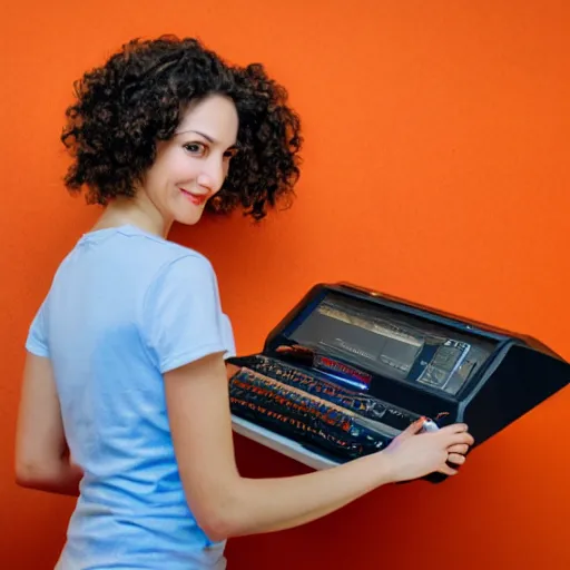 Prompt: realistic portrait of a woman with brown hair, blue jeans and orange tshirt, headset, synthesizer, computer, steampunk, vivid colors