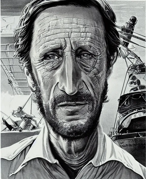 Image similar to Roy Scheider as Chief Brody in Jaws (1974), illustrated by Les Edwards, Mondo art print, poster, detailed, symmetrical