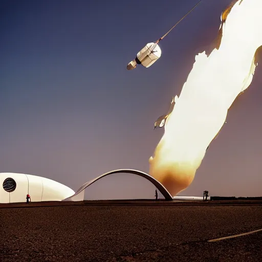 Prompt: a surreal worms's eye view photo of a large minimalist space transport vehicle, by architect Zaha Hadid, launching from a modern wavy minimalist space launch pad, smoke and flames from the engines blanketing the area, bright ignition, clear sky background, full-shot, a still photograph from NASA, very, very, very, very, very, beautiful photo