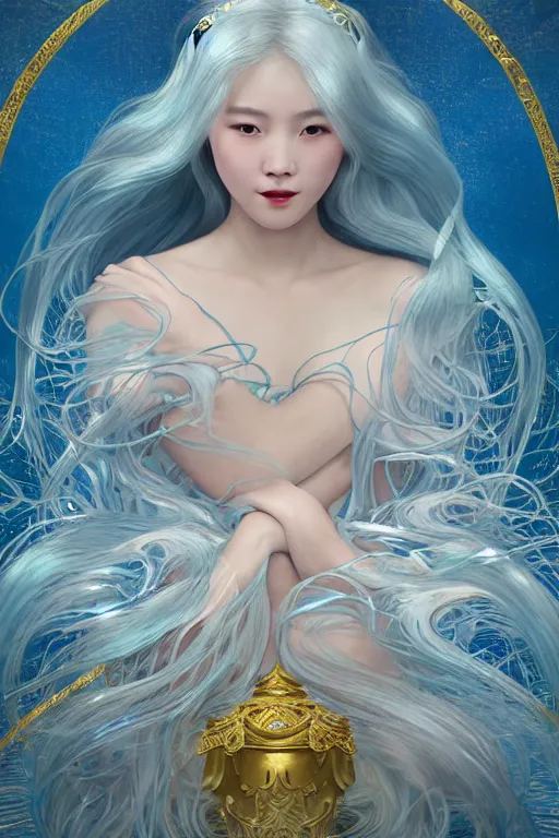 Image similar to a beautiful young woman, Queen of the Sea Mu Yanling, long flowing white hair, blue and yellow robe that resembles floating wings, water flowing and floating around, young female face, liquid magic, cinematic top lighting, insanely detailed and intricate, face by Artgerm, design by Alphonse Mucha, Kuvshinov Ilya, Irakli Nadar, render by krenz cushart, golden ratio, symmetrical proportions, elegant, ornate, luxury, elite, matte painting, MTG, magic the gathering, trending on artstation, cinematic, cgsociety, 8k, high resolution,