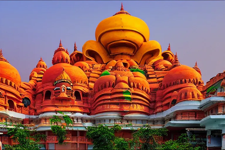 Image similar to beautiful dreamscape! biomorphic new delhi, hanuman!! head building, kalighat, octane photorealistic cinematic, stephen shore & john j. park, soft morning light, wide shot, high angle, uhd 8 k, deep focus