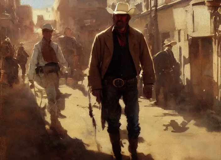 Prompt: oil painting of old rugged cowboy in wild west street setting, art by anders zorn, wonderful masterpiece by greg rutkowski, beautiful cinematic light, american romanticism by greg manchess, reflections in copper, sunlight, dust and steam