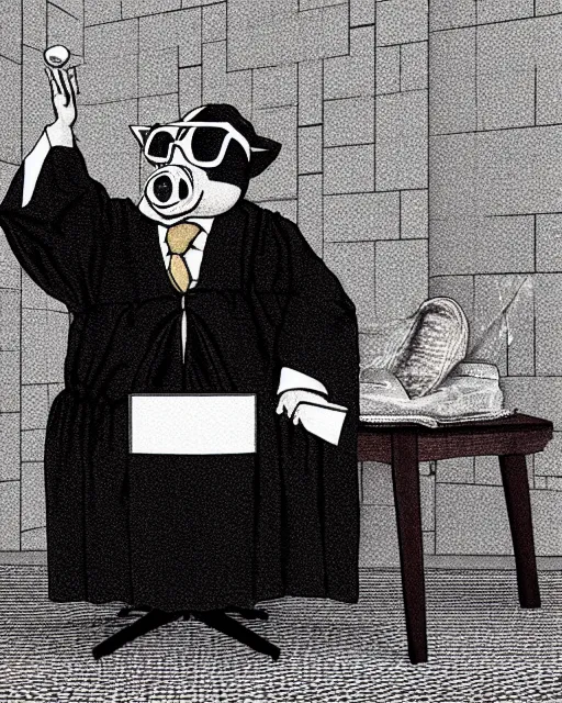 Prompt: “ photo of a pig dressed as a judge with a robe and glasses, being roasted in a fire pit, realistic shaded, fine details. realistic shaded lighting, award winning photo, golden hour, 2 0 mm lens ”