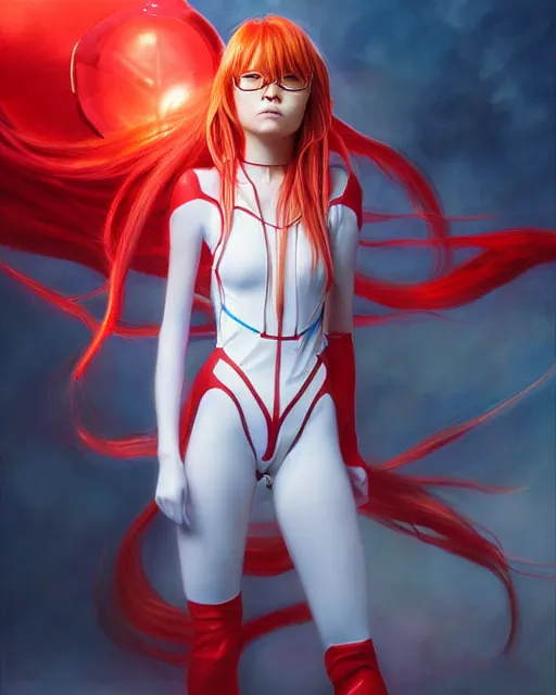 Image similar to asuka langley soryu wearing plugsuit, award winning photograph, radiant flares, realism, lens flare, intricate, various refining methods, micro macro autofocus, evil realm magic painting vibes, hyperrealistic painting by michael komarck - daniel dos santos