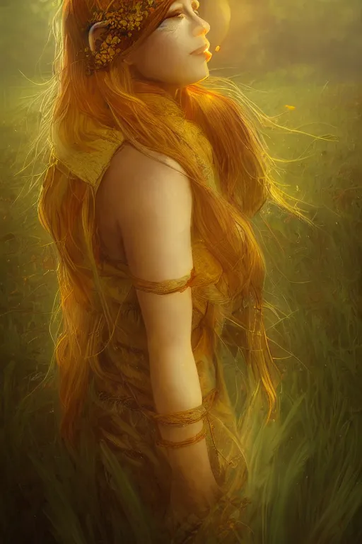 Image similar to The goddess of autumn harvest, tranquility, beautiful face, long hair, wearing wheat yellow gauze, comic style, virtual engine, 3D, sense of atmosphere, goddess, by wlop