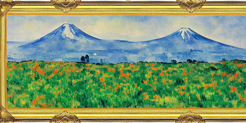 Image similar to Field of mixed flowers, Mount Fuji blurred in the background, good news on Sunday, Cézanne style,XIXth century painting with gold frame