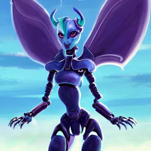 Image similar to digital art full body cinematic shot of cute and beautiful anthro female robot dragon standing in front of the camera, has two adorable blue eyes on a smooth draconic head with two horns, a sleek yet elegant design, with two big epic wings behind her, two arms that have sharp claws, two legs, a long tail behind her. the background is of the beach at night; high quality digital art, artstation, deviantart, furaffinity, high quality details