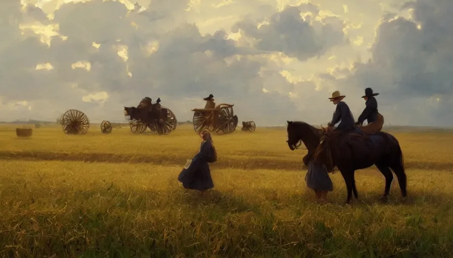 Image similar to simple amish farmers shocking hay in open fields, art by anders zorn, wonderful masterpiece by greg rutkowski, beautiful cinematic light, american romanticism thomas lawrence, greg rutkowski