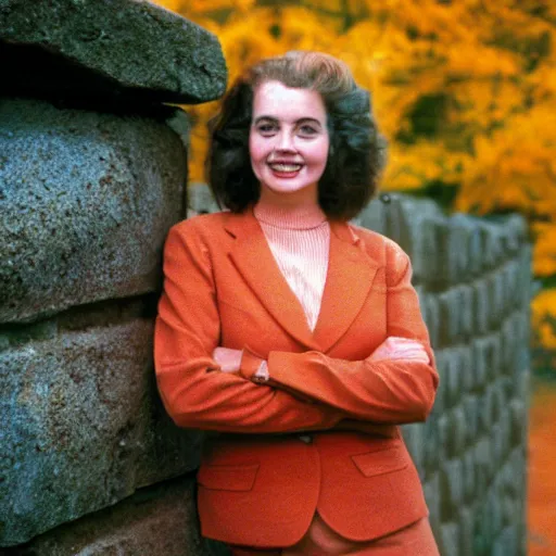 Prompt: a vintage 1 9 8 0 s kodachrome slide of a cheerful lady in a feminine suit posing on a stone wall in autumn sunshine.