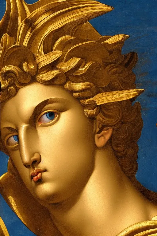 Image similar to archangel Michael, angry face, closeup, ultra detailed, made in gold, Guido Reni style