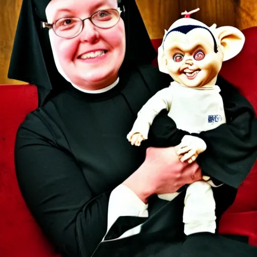 Prompt: a nun in church holding chucky the demonic killer doll on her lap