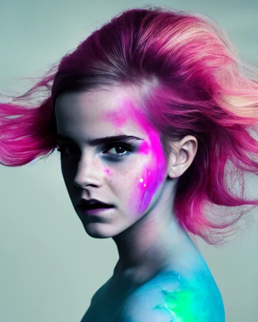 Prompt: a dramatic lighting photo of a beautiful young woman emma watson with cotton candy hair. paint splashes. with a little bit of cyan and pink