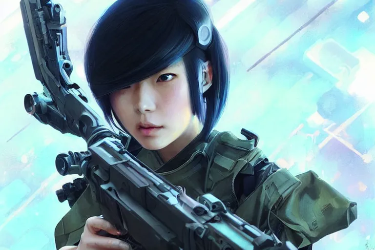 Image similar to young female japanese sniper holding a railgun sniper rifle, neon, cyberpunk, futuristic, full cybernetic combat suit, short bob haircut, stunning, highly detailed, digital painting, smooth, soft focus, illustration, ghost in the shell, 4 k digital art from artstation by artgerm and greg rutkowski and alphonse mucha