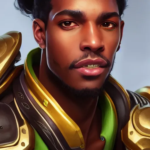 Image similar to closeup portrait of lucio from overwatch, d & d, fantasy, intricate, elegant, highly detailed, digital painting, artstation, concept art, matte, sharp focus, illustration, hearthstone, art by artgerm and greg rutkowski and alphonse mucha