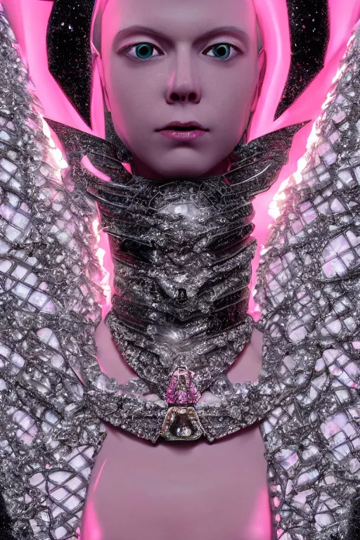 Prompt: hyper detailed ultra sharp portrait of baroque and bladerunner delicate glowing diamond sculpture of seductive muscular albino young spanish king, pink diamond black metallic sphinx iridescent humanoid deity wearing black cloak holding a prismatic gem, glowing pink face, crown of white diamonds, cinematic lighting, photorealistic, octane render 8 k depth of field 3 d