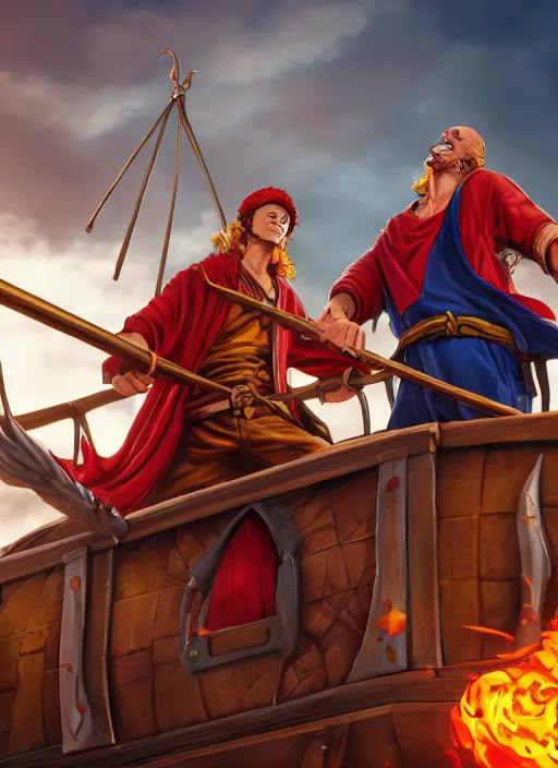 Prompt: an epic fantasy comic book style portrait painting of two bumbling idiot onepiece on the deck of a skyship looking at a chest, unreal 5, daz, hyperrealistic, octane render, cosplay, rpg portrait, dynamic lighting, very detailed faces