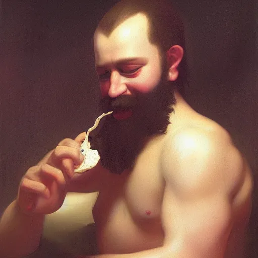 Prompt: a fully bearded vladimir puting crying while eating a mcdonalds happy meal, oil painting, volumetric lighting, 8k, by roberto ferri, highly detailed