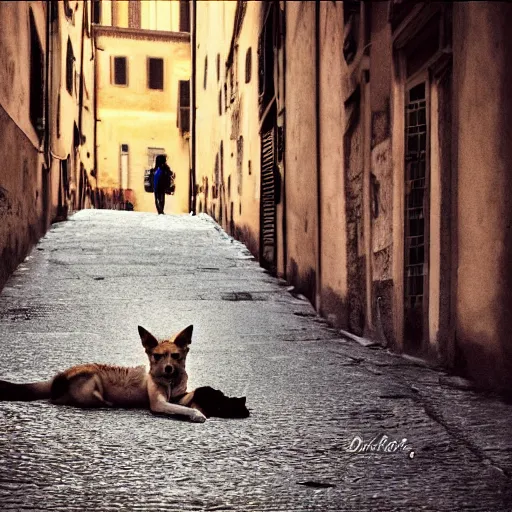 Image similar to dingo coyote mix dog lying on the street in ancient florence, high quality digital art, cinematic lighting, moody lighting