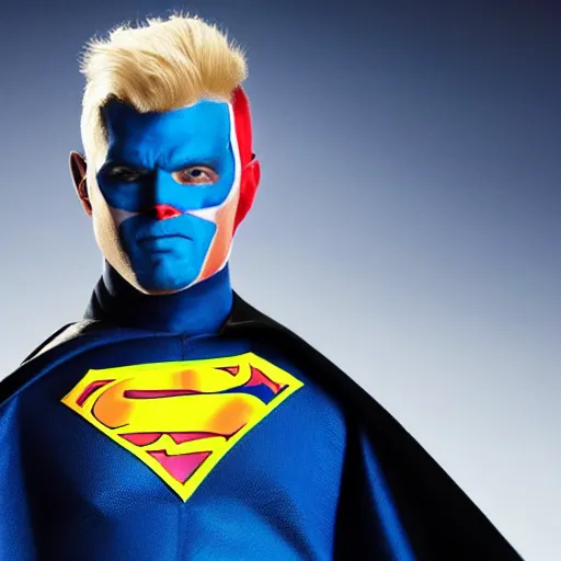 Prompt: portrait of a evil blonde superhero two sides hair and thin face lines, his cape is the american flag, he is angry, his costume is blue with yellow eagles head on the shoulders, 8 k, hyper realistic, movie imax shot, film, cinematography, red