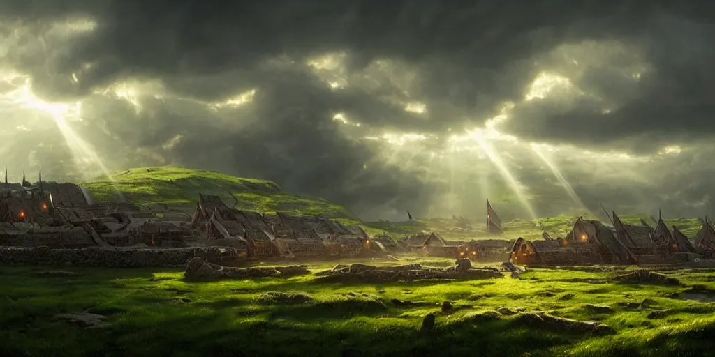 Image similar to beautiful viking city made from wood, green fields, sea, magic, gorgeous clouds, white marble, god rays, digital art, landscape, fantasy art, octane render, ureal engine, high detail, very realistic, by greg rutkowski. by james gurney