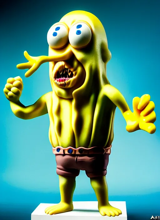 Image similar to hyperrealistic rendering, fat smooth john carpenter flesh monster spongebob by art of skinner and richard corben and jeff easley, product photography, action figure, sofubi, studio lighting, colored gels, colored background