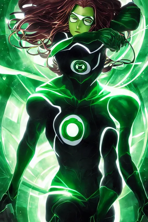 Image similar to anime key visual of a beautiful young female green lantern!! intricate, green and black suit, glowing, powers, dc comics, cinematic, stunning, highly detailed, digital painting, artstation, smooth, hard focus, illustration, art by artgerm and greg rutkowski and alphonse mucha