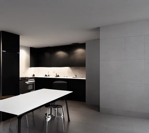 Image similar to brutalist black house kitchen interior design minimalist organic, organic architecture furniture open space high quality octane render blender 8 k