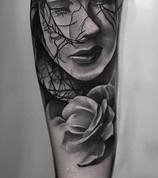 Image similar to a beautiful tattoo design, in the style of den yakovlev, hyper realistic, black and white, realism, highly detailed