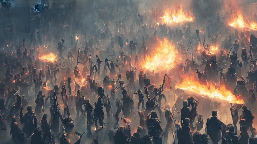 Prompt: shadowy protesters holding placards, detailed digital illustration by greg rutkowski, fire, android netrunner, nighttime