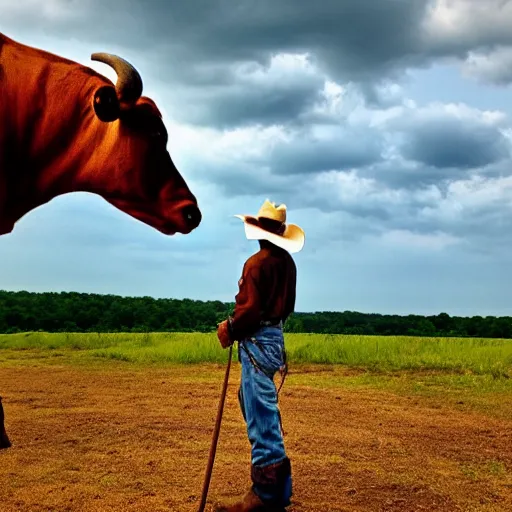 Image similar to a cowboy riding a cow next to the ozarks