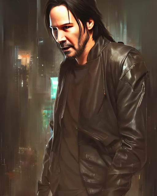 Image similar to full body portrait of Cyberpunk Keanu Reeves by Stanley Artgerm Lau, WLOP, Rossdraws, frank frazetta, Andrei Riabovitchev, Marc Simonetti, tranding on artstation